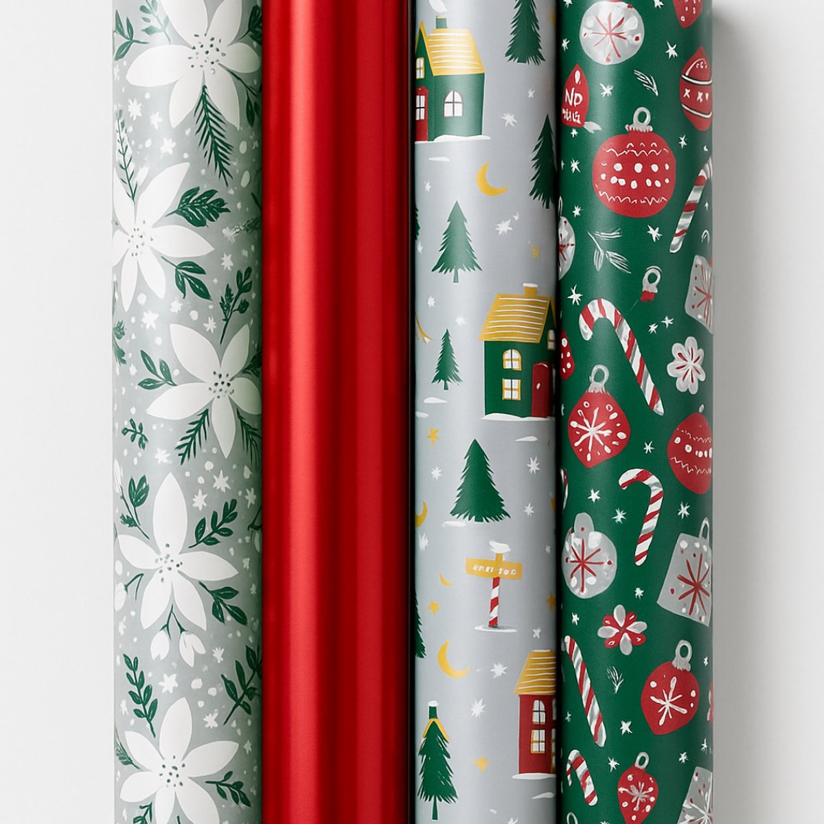 Cadeaupapier - Green Christmas - (4 STUKS) – 200×70 cm – Groen, Zilver, Kerstmotieven & Winterbloemen - Inpakpapier - Kerst - Feestelijk - Modern Cadeaupapier