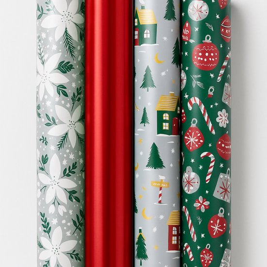 Papier cadeau - Noël vert - (4 pièces) - 200 x 70 cm - Vert, Argent, motifs de Noël et fleurs d'hiver - Papier cadeau - Noël - Festif - Papier cadeau moderne