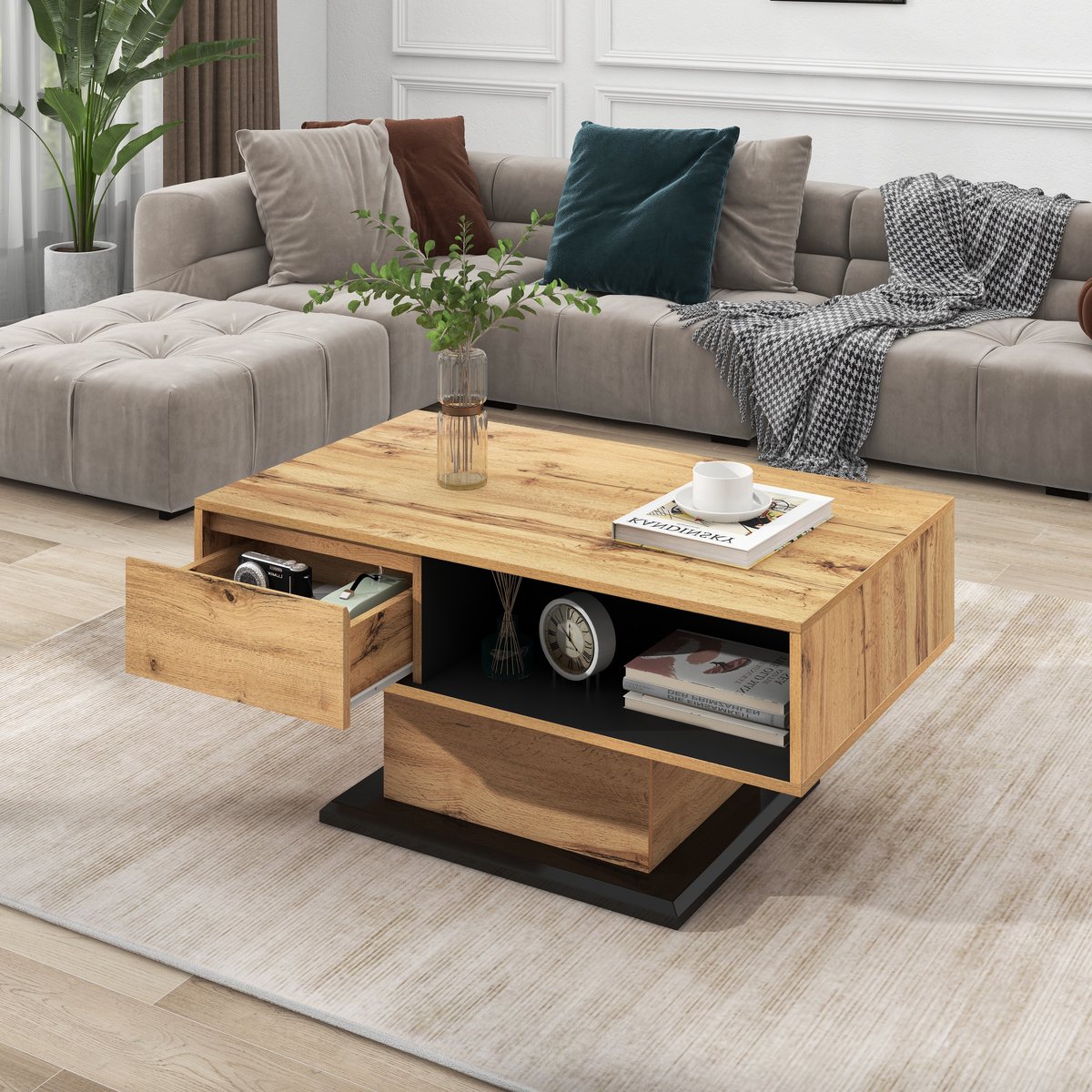 STILVORA Salontafels 100x47x60 cm - Salontafel Met Lade - Modern En Praktisch - Rechthoekig - Bijzettafeltjes Woonkamer - Spaanplaat - Natuurlijk