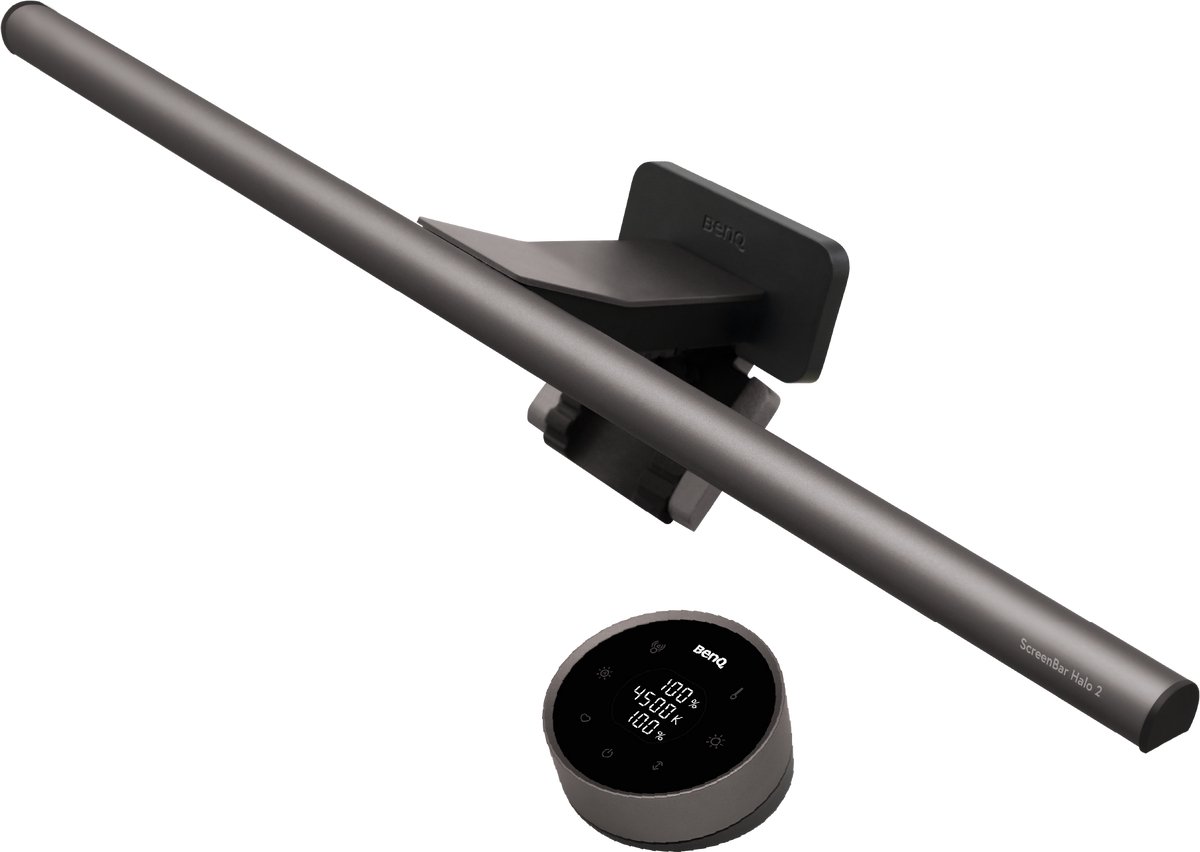 BenQ ScreenBar Halo 2 Monitor Lamp, De originele dimbare bureaulamp LED met Backlight, Anti-verblindend - Eye-Care monitor light bar - Draadloze afstandsbediening - Auto-Dimming - Compatibel met Flat en Curved Monitors - USB Lamp