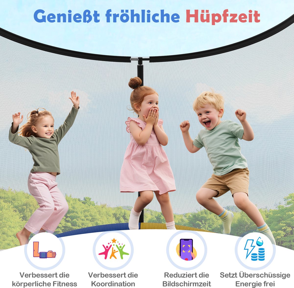 COSTWAY Ø 244 cm trampoline met ladder, tuintrampoline rond met veiligheidsnet, randafdekking en metalen frame, kindertrampoline, complete set voor kinderen en volwassenen — afbeelding 9