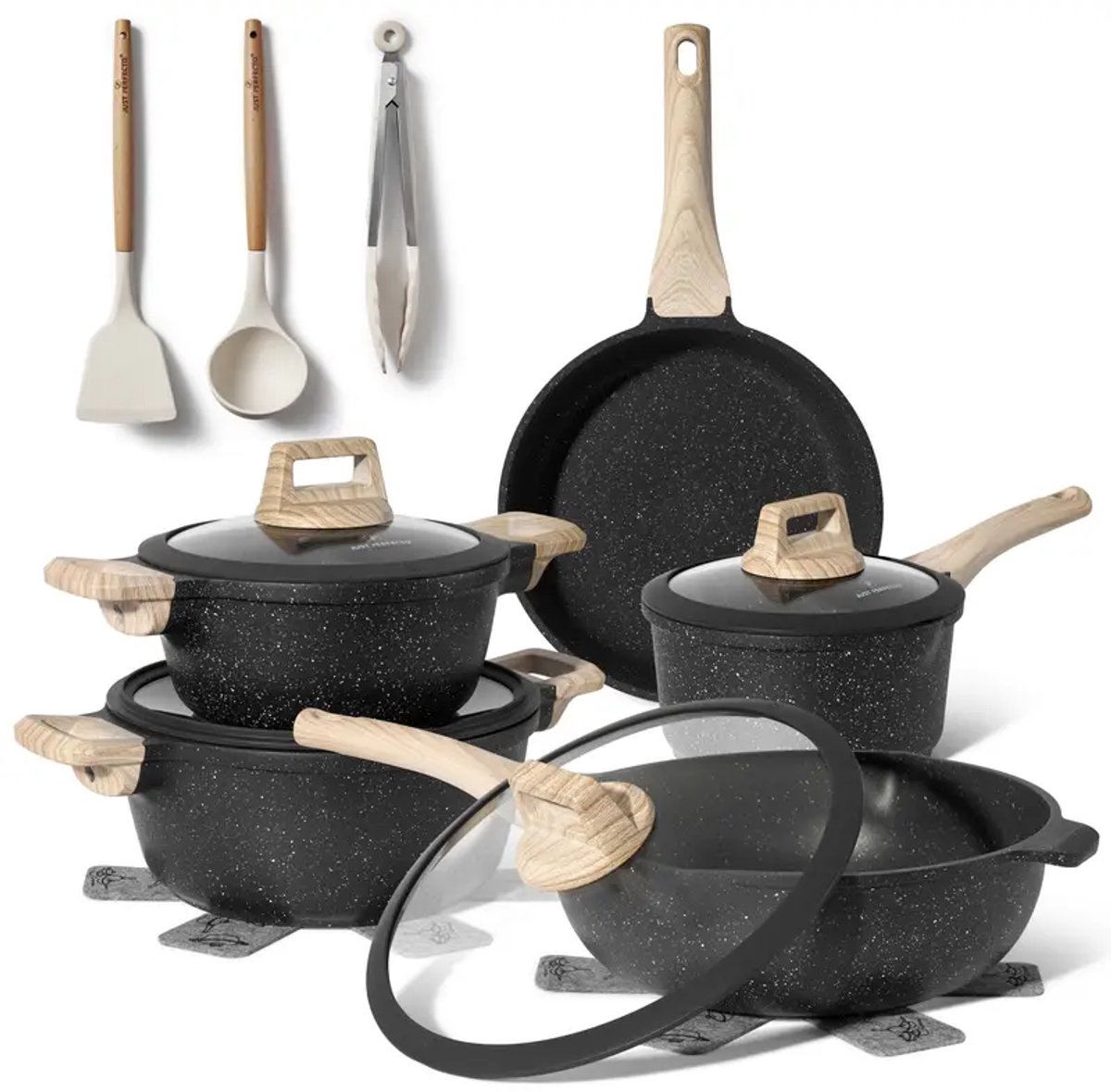 Luxe Zwarte 10-delige Inductie Kookset – Marmercoating & Houten Details