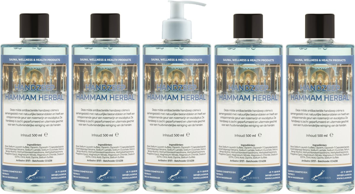 Handzeep Hammam Herbal 500 ml - set van 5 stuks - met gratis pomp - Voordeelverpakking