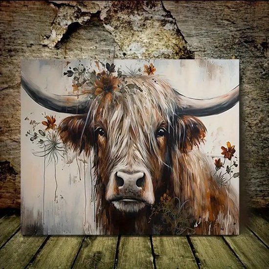 Peinture d'un Highland cattle aux longues cornes avec des fleurs sur la tête, peinte dans des tons bruns.