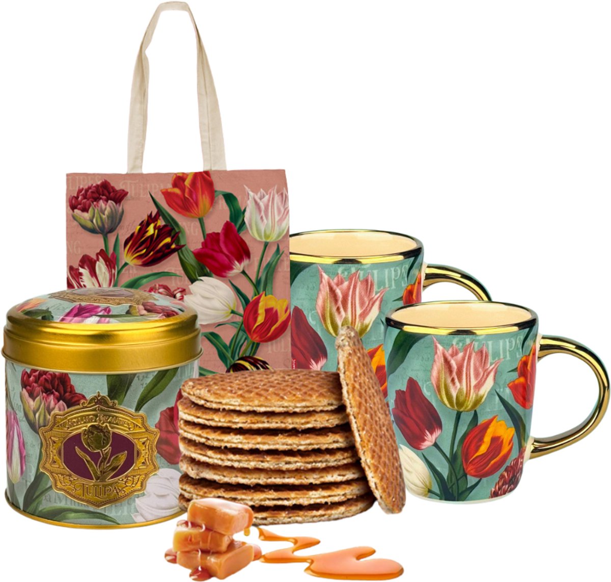 Hollands cadeautjes - Hollandse Koffiemokken met Stroopwafels in blik - Tulpen - Typisch Hollands