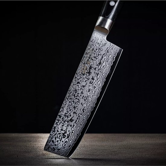 Yaxell Japonais - Série Ran - Couteau de Chef Nakiri - Acier VG10 - 61 HRC - Lame 16,5 cm - 69 Couches d'Acier Damassé - Toile-Micarta Heft