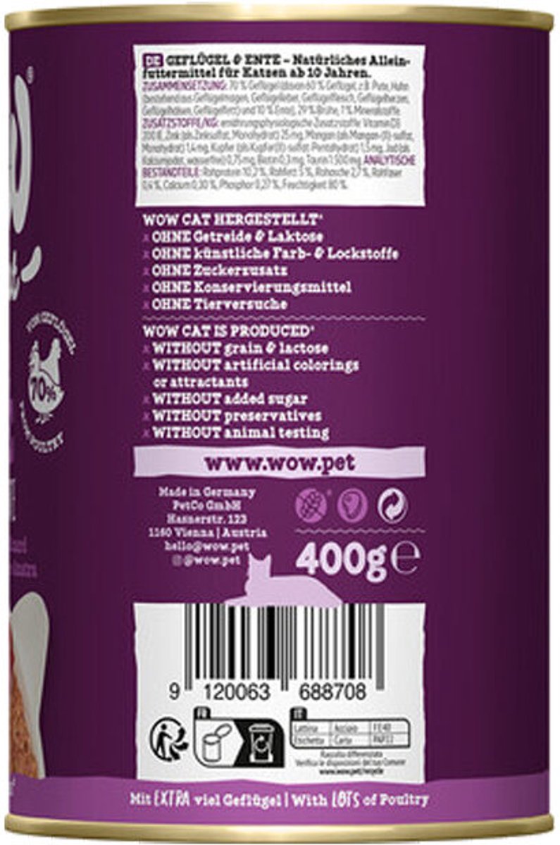 Wow WOW Cat Wet Senior - Gevogelte & Eend - 400 g