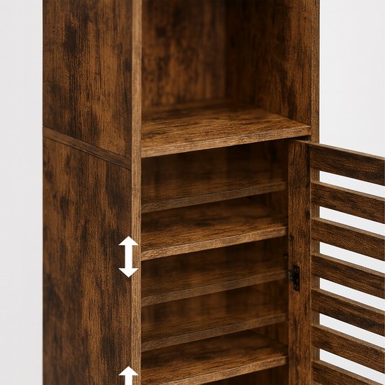 Close-up van het interieur van de kolomkast met verstelbare legplanken en een latjesdeur.