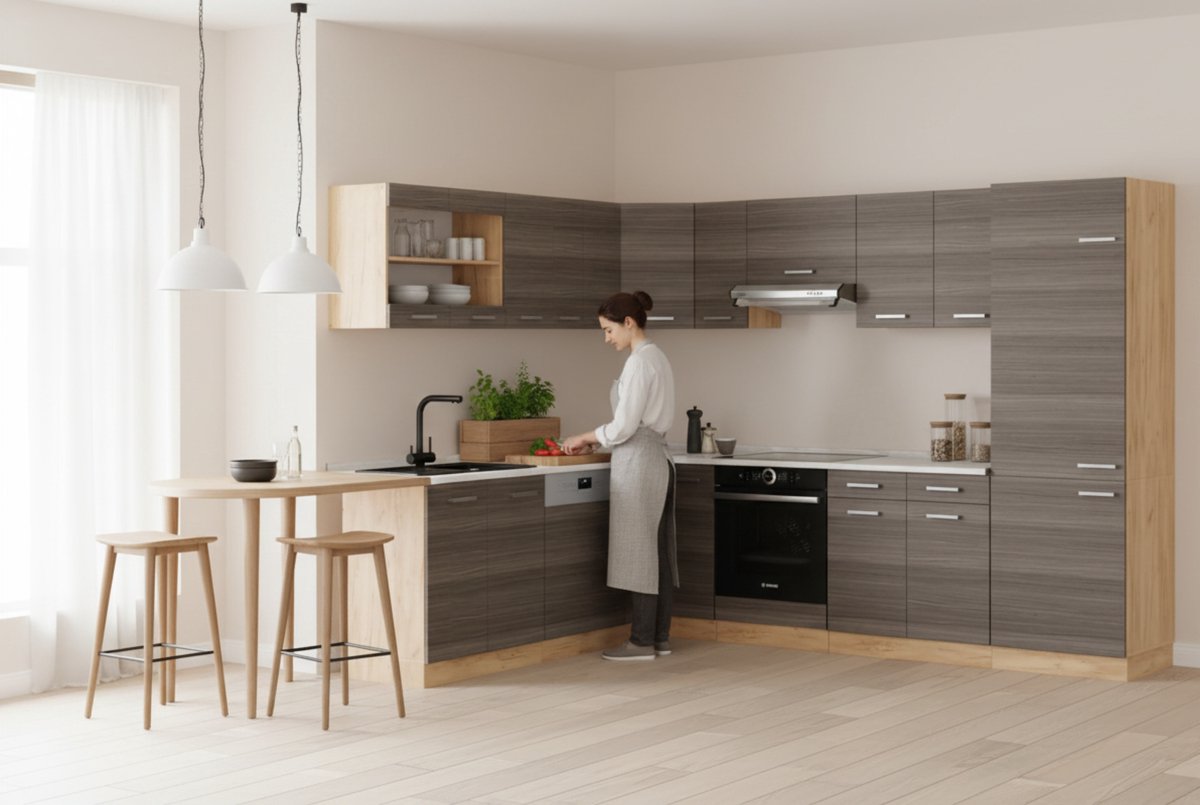 Hoekkeuken 227x287 cm – Luxe L-vorm keuken met AP Marmer Werkblad – Edelgrijs & Goldkraft Eiken – LED-verlichting, Vaatwasserpanelen en Wielen – Moderne Design Keuken – Novihome