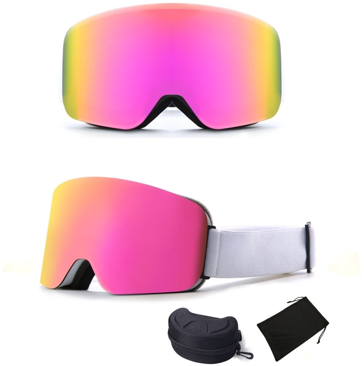 Skibril- Singleboard Skispiegel -verstelbaar - UV-bescherming - cilinder-dubbele laag mist-beschermende sneeuwbril-Coca nabijkijkende spiegel--Inclusief harde beschermcase - 100% UV bescherming-Roze