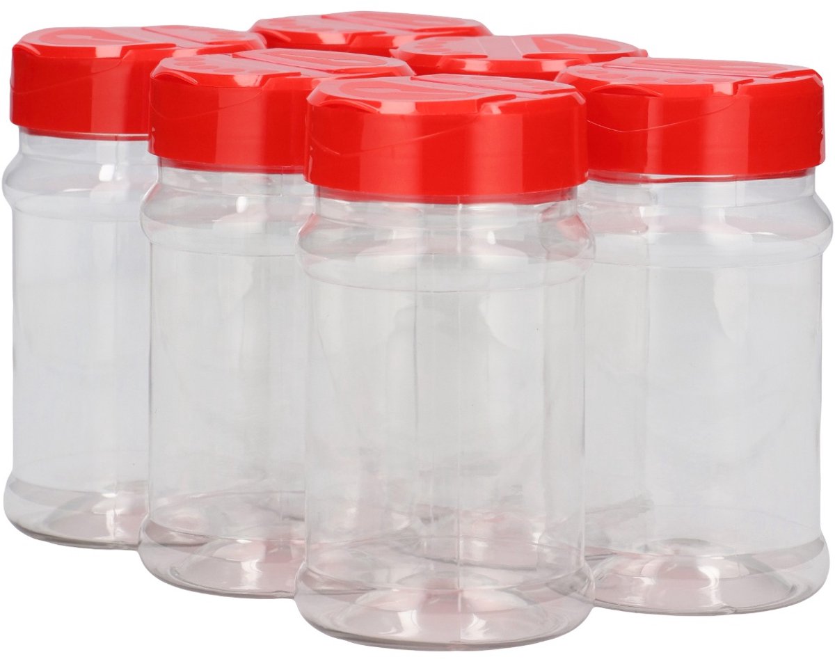 6 x Strooibus Klein 330 ml - Transparant & Rode Deksel- PET Kunststof BPA-vrij - Plastic kruidenpotten Navulbaar - Met Dop - Lege Potten - 6 stuks