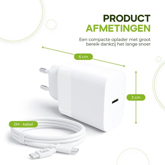 Afmetingen van witte 40W USB-C oplader: 6cm x 3cm, met 2M kabel.
