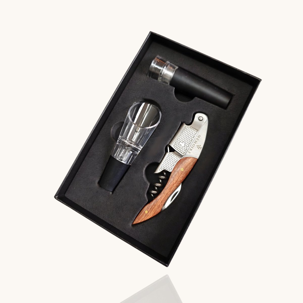 Mémoire® Couteau Sommelier Giftset - Kurkentrekker - 3 in 1 Sommelier mes - Wijnopener - Vacuüm Wijnstopper - Wijnschenker - Geschenkverpakking - Premium kelnermes van pakkahout - Flesopener - Tweetraps hefboom - Flesopener - Horeca kwaliteit
