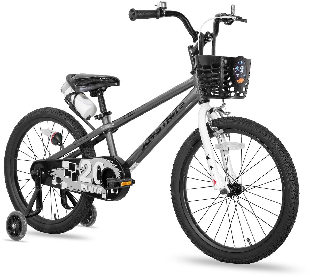 Joystar Pluto Kinderfiets - 18 inch - met mandje - met waterfles - zijwieltjes - bel - handrem - grijs - Geschikt voor buitenactiviteiten in de lente