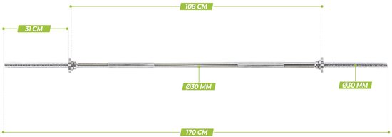 VirtuFit Halterstang - 170 cm - 30 mm - Belastbaar tot 160 kg - Lange Halterschijvenopnames - Gemaakt van Massief Staal - Binnenmaat 114 cm - Halterstangen - Halterstang 30 mm - Halter Stang