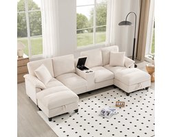 BLACKCOLORS Ruime 4-zitsbank in U-vorm met opbergruimte, oversized corduroy stof en kussens, roestvrijstalen bekerhouders en twee USB-poorten, geschikt voor woonkamers, slaapkamers en appartementen