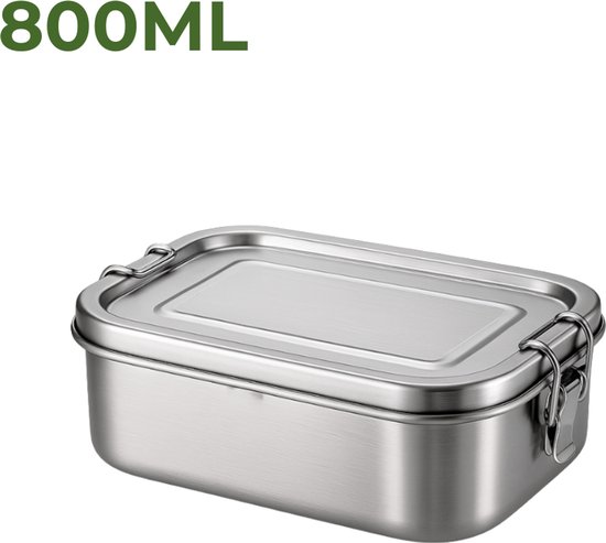 Boîte à lunch en acier inoxydable de 800 ml avec fermoirs argentés.