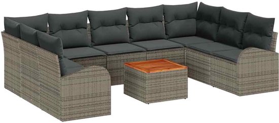 vidaXL - Tuinbank - Set - met - kussen - 10 - pcs - Grijs - poly - rattan