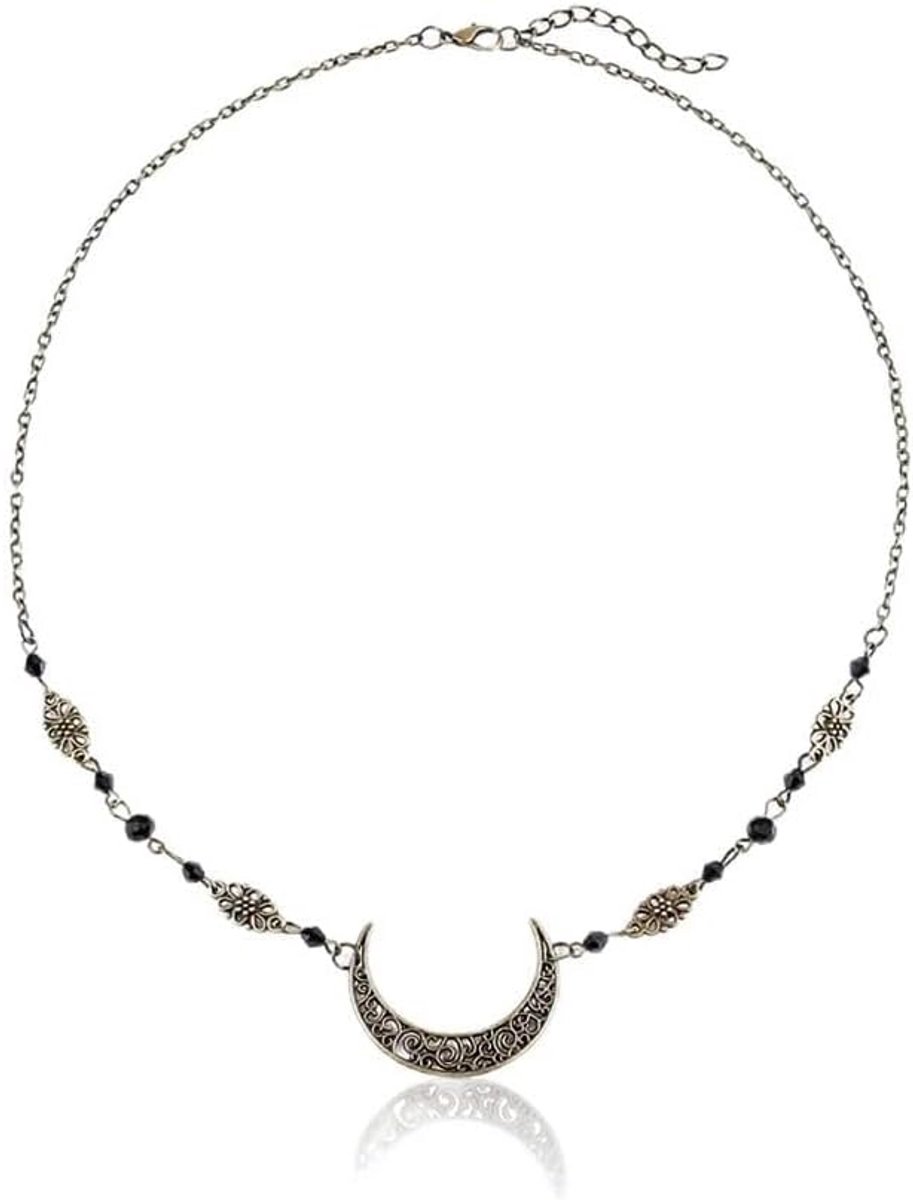Boho Maan Hoofdtooi Goud met Zwarte Parels - Feestelijk Haaraccessoire & Ketting
