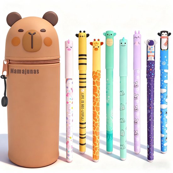 Namajunas - Stylos effaçables 8 couleurs - Stylos gel avec étui en silicone Capybara - Trousse télescopique Capybara - Stylo 0 à motif animal pour Fournitures scolaires Enfants ou fournitures de bureau Adultes - Coffret cadeau - Stylos à bille