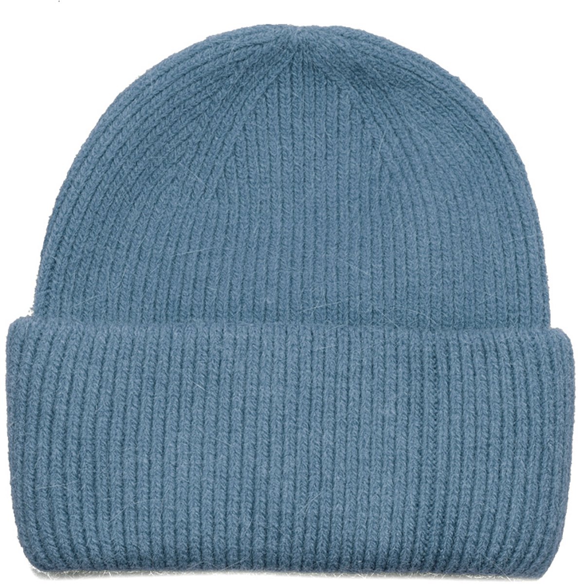 Jeansblauwe damesmuts van wolblend - wollen wintermuts blauw met omgevouwen rand - one size - grijsblauw - STUDIO Ivana