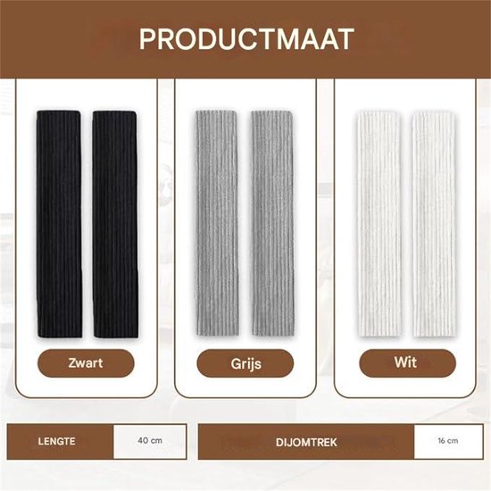 Zwarte, grijze en witte beenwarmers met lengte 40cm en dijomtrek 16cm.