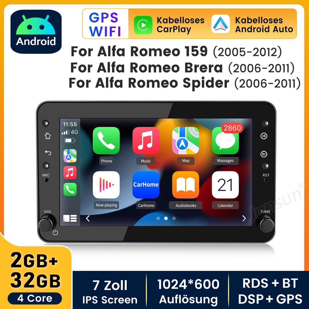 Hexinex Quad-Core autoradio Geschikt voor Alfa Romeo 159 Spider Brera - Draadloos CarPlay, Android Auto, Android14, multimediaspeler, 2GB+32GB