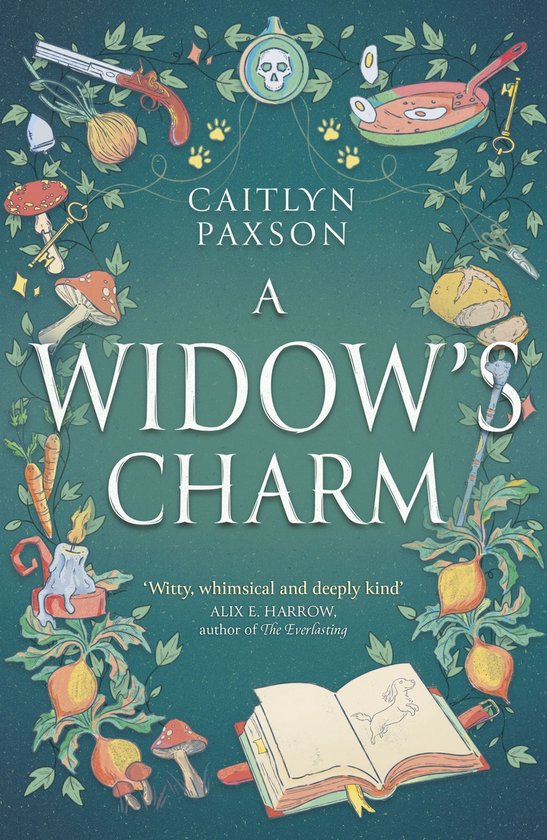 Boekomslag van 'A Widow's Charm' met een gedetailleerde illustratie van diverse objecten, zoals een geweer, ui, paddenstoelen en een open boek, omkaderd door ranken en bladeren.