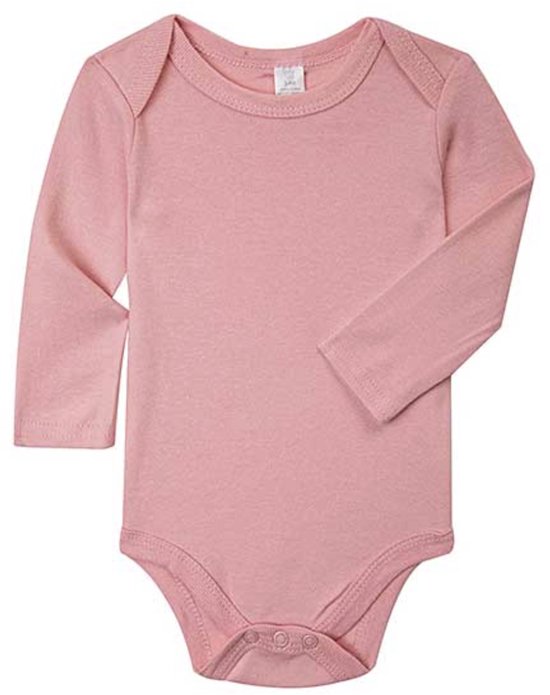 Roze romper met lange mouwen en drukknoopsluiting aan de onderkant.