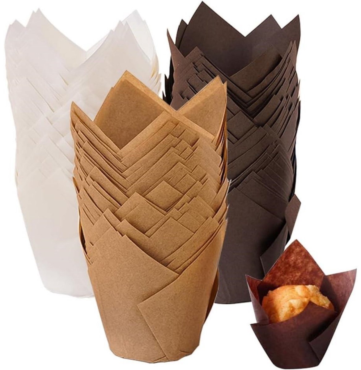 150 stuks papieren muffinvorm - Cupcakevormen - Tulpvormige papieren muffinvormpjes - Antiaanbaklaag - Hittebestendig - Wegwerpbaar - Geschikt voor bruiloften, verjaardagen, communies, feesten