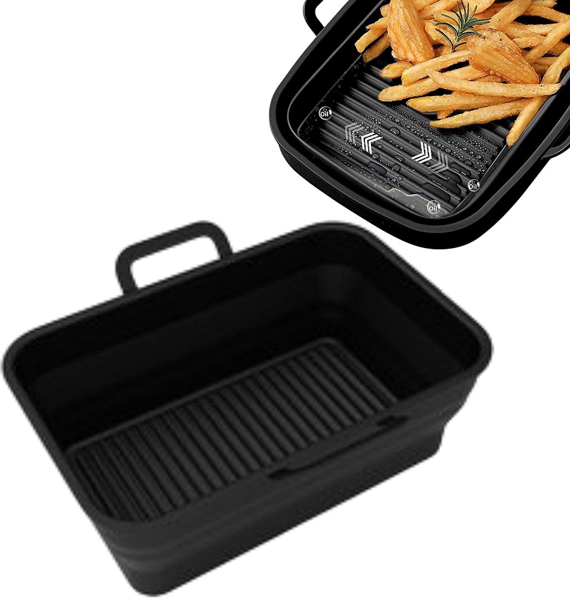1 stuk Siliconen frituurmandje - Opvouwbaar met dubbele uittrekbare opbergruimte - Speciaal bakblik voor airfryer - Universeel te gebruiken in oven en magnetron - 12,7 cm × 19,56 cm × 7,01 cm - Geschikt voor airfryer, oven en magnetron - Zwart