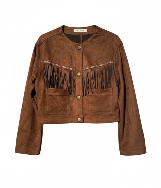 Veste Suédine Marron Franges - Veste Dames Trendy Met Franjes & Boutons Dorés - Légèrement Stretch - Hauteur Hanche - Taille L - Marron