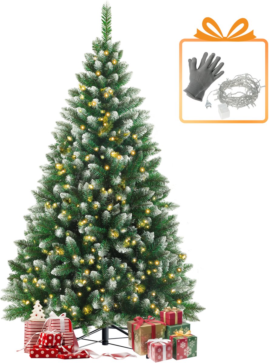 Sinaopus Kunstkerstboom 215 cm – Met sneeuw – Met verlichting (Gratis lichtsnoer) – 1280 takken – PVC milieuvriendelijk materiaal – Metalen standaard – Snel opzetten – Opvouwbare takken – Groene kerstboom met besneeuwde top
