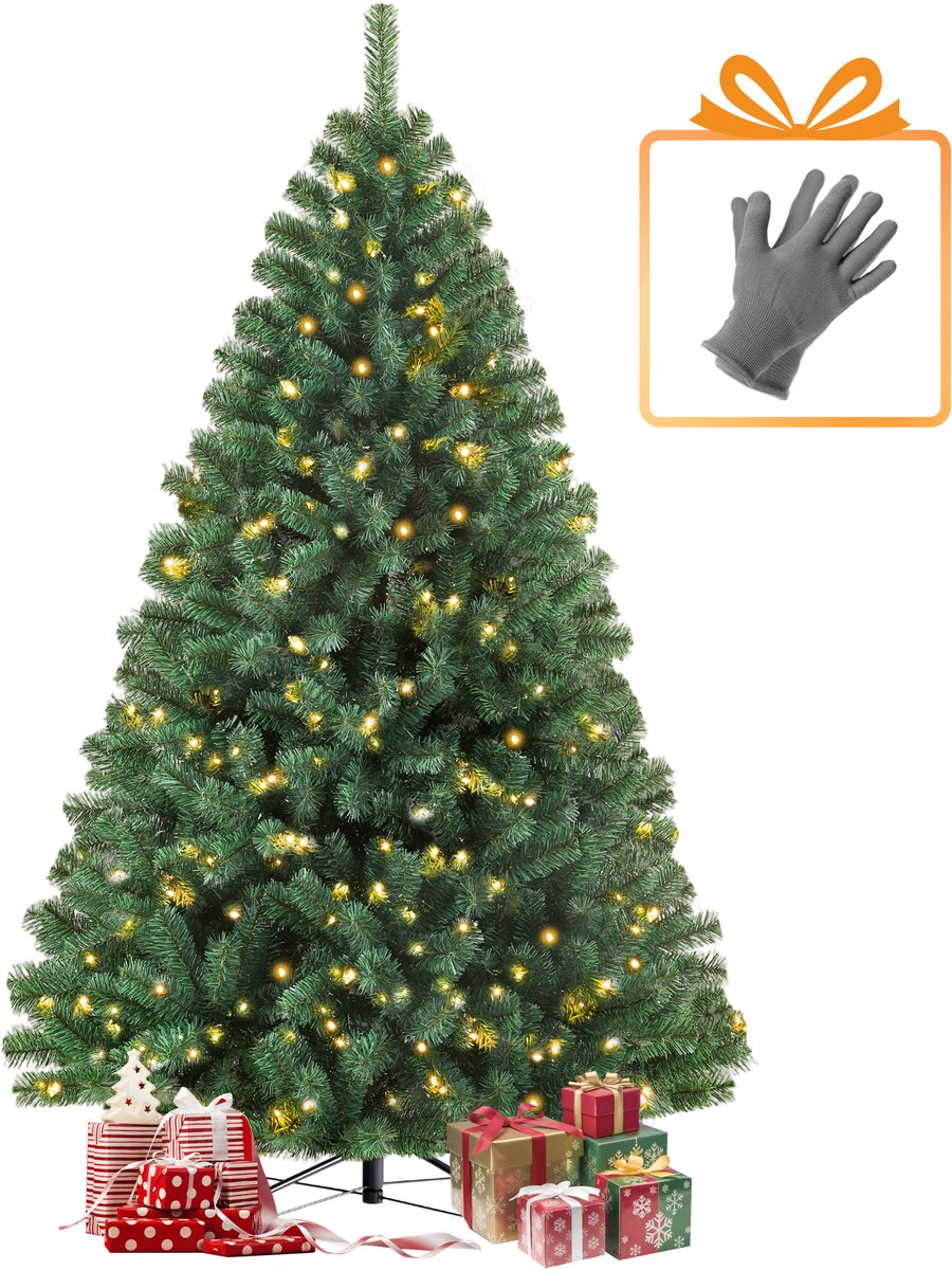 Sinaopus Kunstkerstboom 215 cm – Met LED - Stadslicht Boom - verlichting (98 LED’s, 8 lichtmodi) – PVC – 1050 takken – Metalen Standaard – Snel opzetten – Opvouwbare takken – Groene Kerstboom