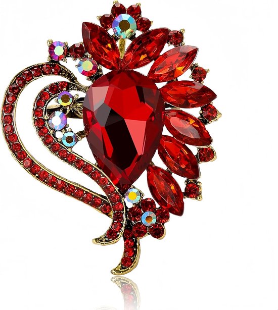 Foto: Grote broche met kristallen strass steentjes in de vorm van een boeket valentijnsdagbroche 2 delige set hartvormig rood 