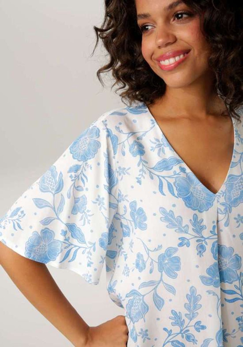 Aniston | Blouse | Soepelvallend | Bloemenprint | Blauw - wit | maat 46