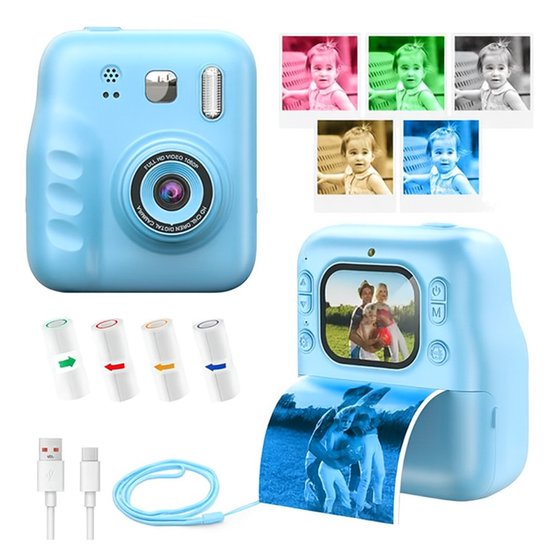 Lichtblauwe kinder camera met accessoires zoals USB-kabels, nekkoord en printrollen. Toont printfunctie.