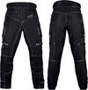 Zwarte motorbroek met witte stiksels, zakken en gespen. Voor- en achterkant.