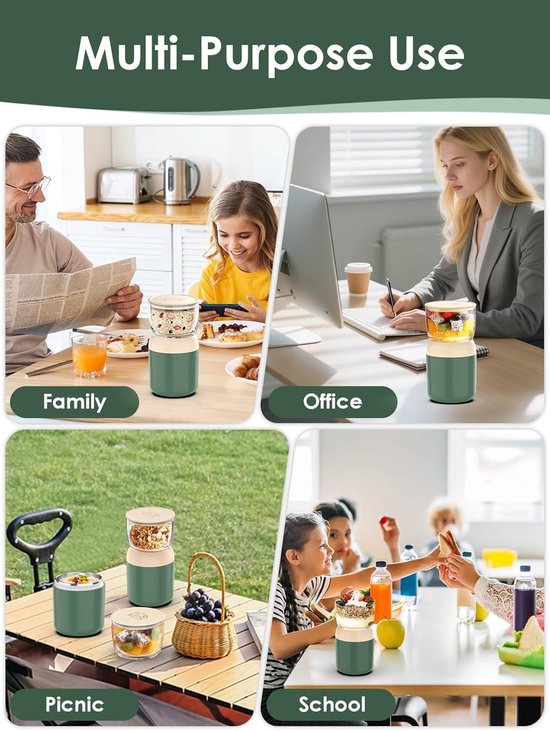 Yoghurt beker to go - 700 ml Dubbellaagse Mueslibeker - Met Lepel En Geïsoleerde RVS Binnenwand - Lekvrije Isolerende Beker To Go - Voor Overnight Oats En Soep - Ideaal Voor School Reizen Picknick Ontbijt En Lunch - Herbruikbare Lunchbeker — afbeelding 5