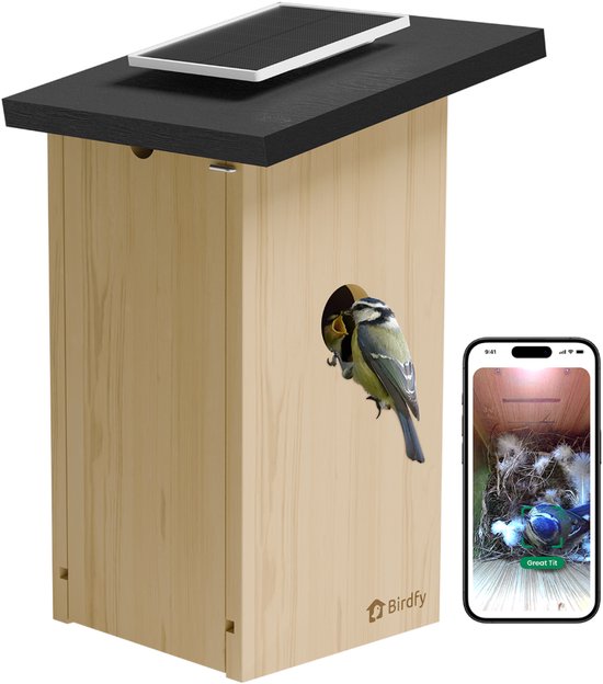 Birdfy Nest Ebony - Vogelhuisje met Camera - Vogelvoederhuisje met Zonnepaneel - AI Vogelherkenning - Vaderdag Cadeau