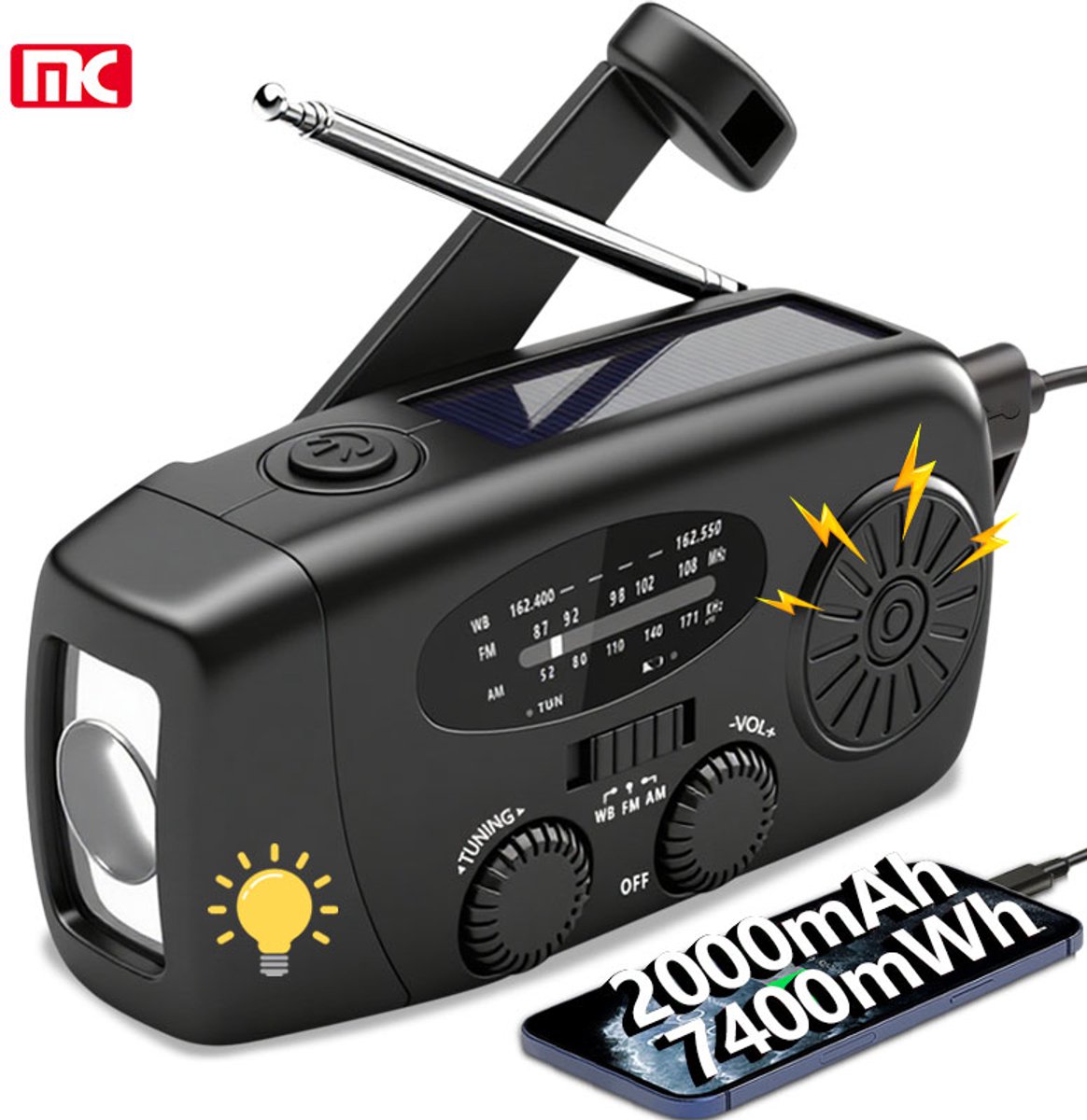 Draagbare Noodradio Am/Fm Solar Hand Crank Plastic Noodradio 2000Mah Power Bank Met Led Zaklamp nood pakker , solar usb , draagbaar . pocket versie. stroom uitval