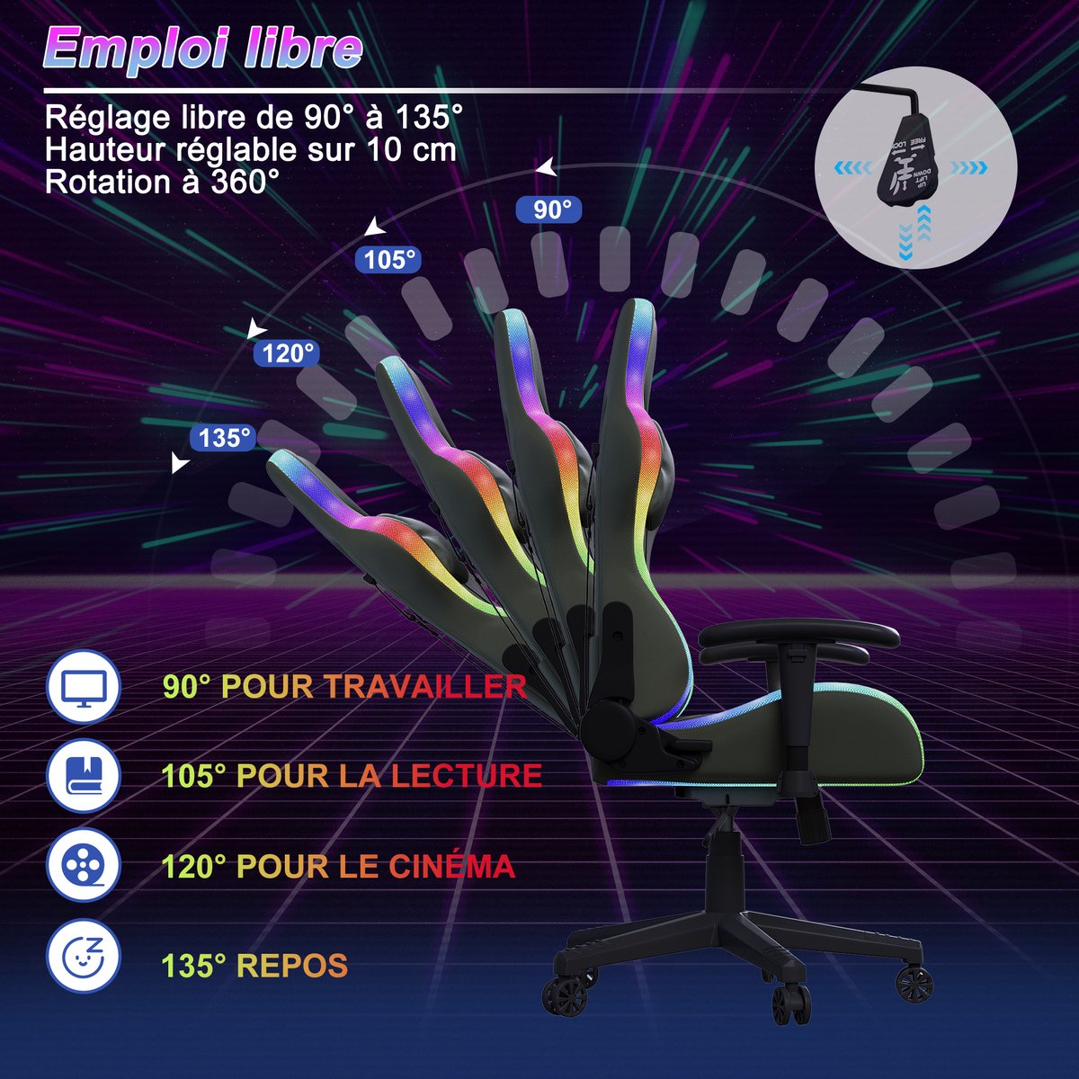 RGB-gamingstoel met Massagefunctie en LED-verlichting - afbeelding 3