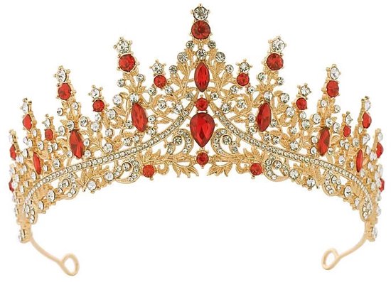 Kroon - tiara - kroontje - kroontje prinses - Rode Strass - Strass -15*7 cm - bruids tiara - Gouden kroon - Kristallen prinses tiara's - Strass - Bruid Haaraccessoires - Elegant en Duurzaam - Geschikt voor Verschillende Gelegenheden
