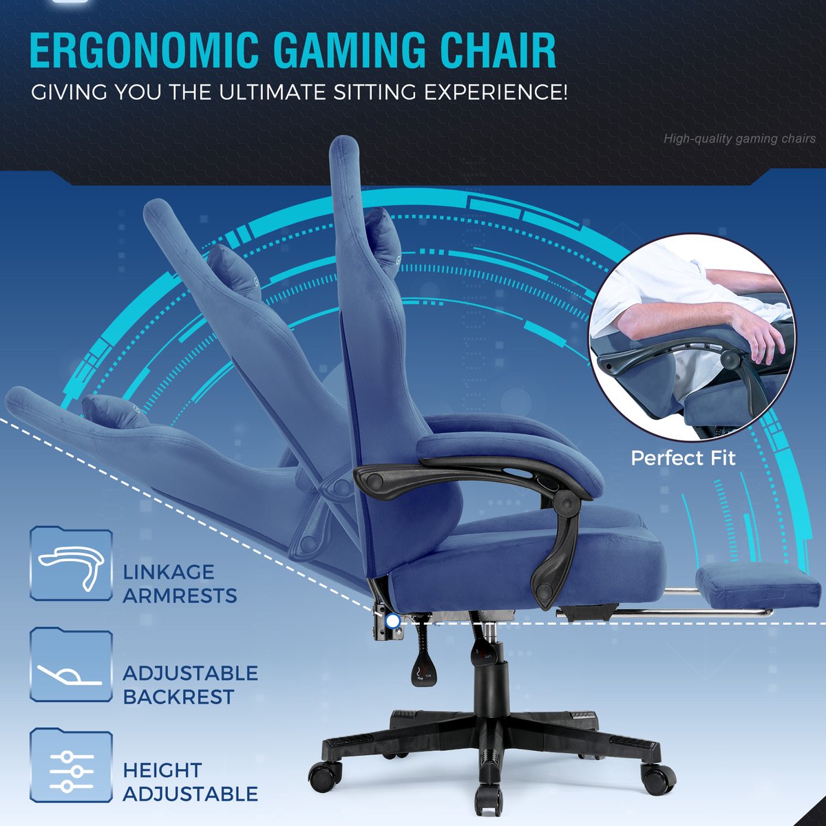 GTPLAYER - Gamingstoel Bureaustoel - Met 160° Verstelbare Rug en Voetensteun - Blauw – foto 7