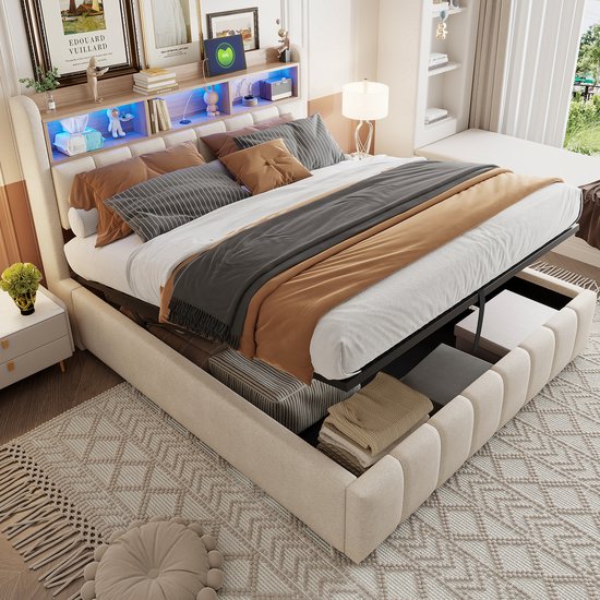 REDOM Ledikant 180x200 cm – Linnen beige – Met LED, USB-C & hydraulische opbergruimte – Luxe