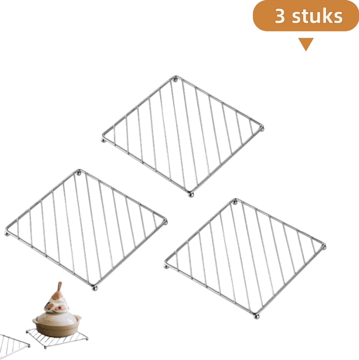 3-delig afdruiprek - Verdikt - Roestvrijstalen pannenlap - Warmte-isolerend - Anti-verbrandingsrek - 18,5 x 18,5 cm - Veelzijdig huishoudelijk keukenrek - Vierkant - Zilver