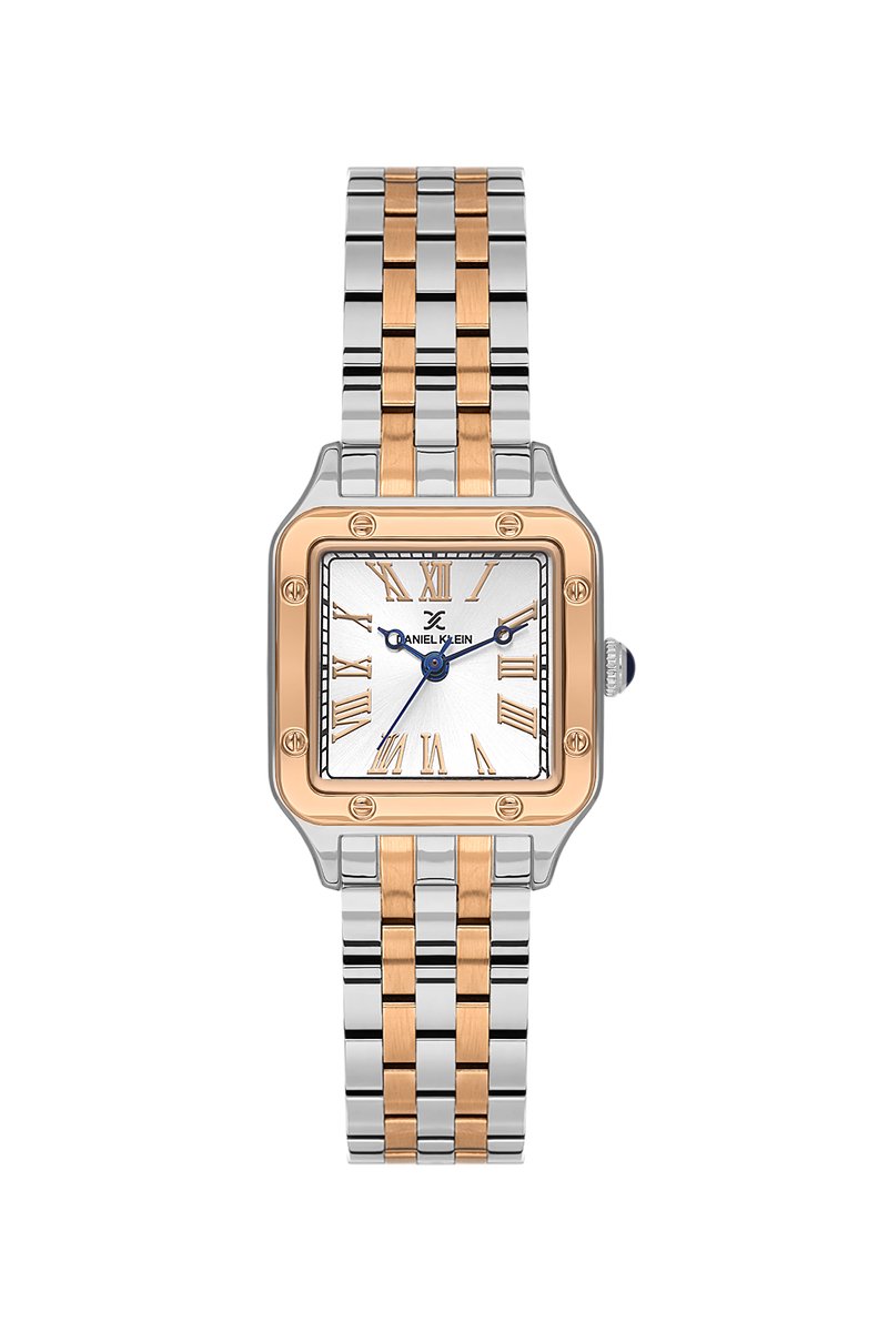 Daniel Klein DK.1.14104-7 - Horloge - Polshorloge - Analoog - Dames - Vrouwen - Vierkant - Stalen band - Metaal - Romeinse cijfers - Rechthoeken - Bolletjes - Zilverkleurig - Rosékleurig - Wit - Zwart - Donkerblauw