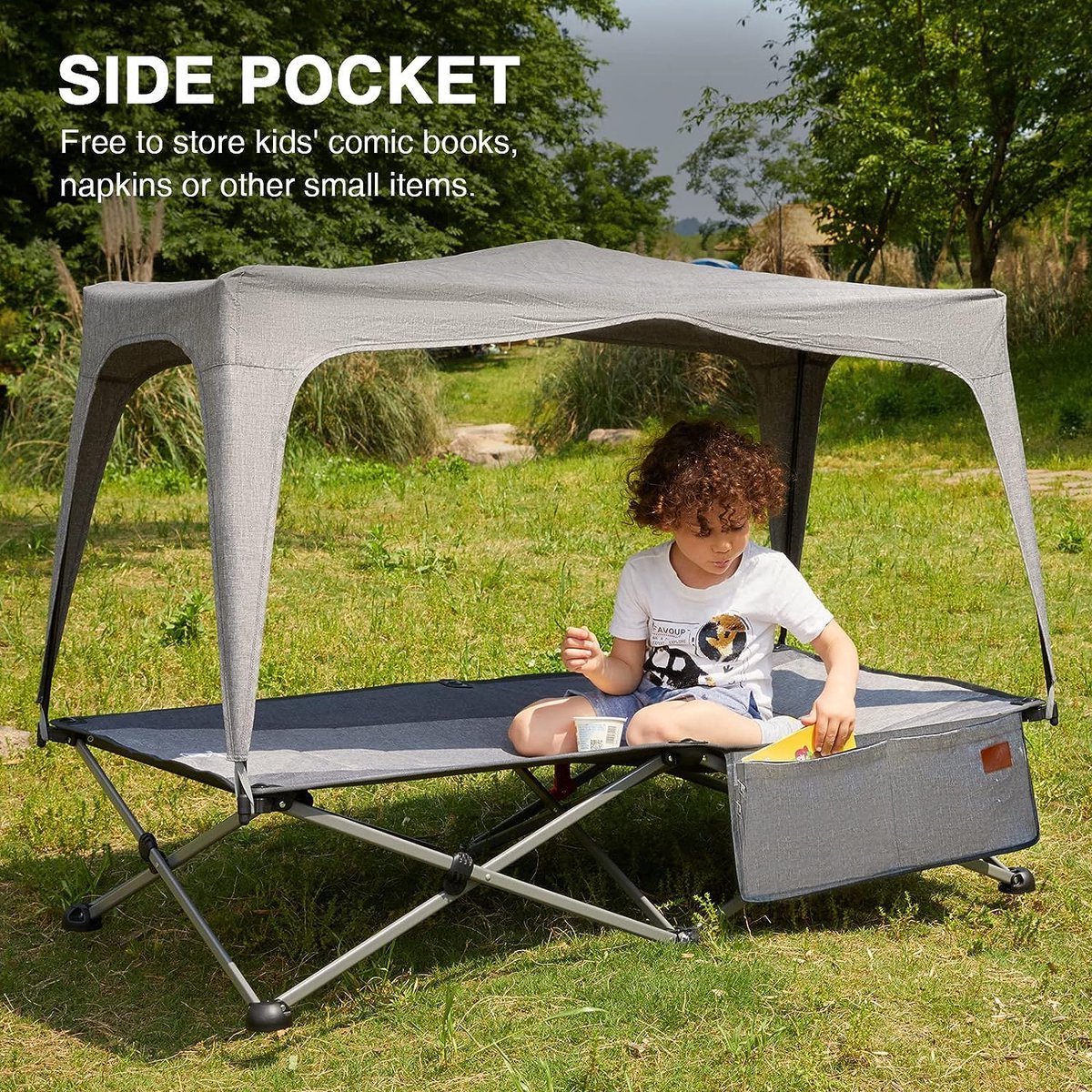 Stunq® Kinderbed Opvouwbaar met Dak Kampeerbed voor Kinderen 64 kg Draagvermogen, Opvouwbaar Reisbed 131 cm x 69 cm x 32 cm, Draagbaar Opklapbed met Zijvak voor Binnen, Kamperen.