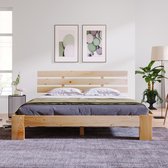 Lit double 140x200 cm - avec tête de lit et cadre de lit - sommier à lattes inclus - bois massif - couleur bois - sans matelas