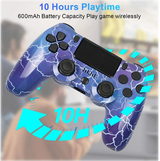 Draadloze controller met blauw en paars bliksemontwerp, met 10 uur speeltijd aangegeven.
